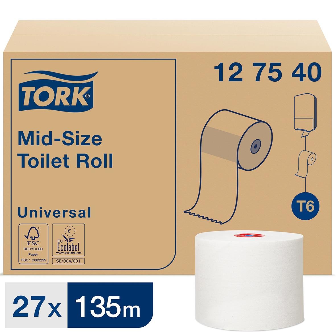 Tork T6 universellt toalettpapper i vit, 135 meter per rulle, 27 rullar per förpackning