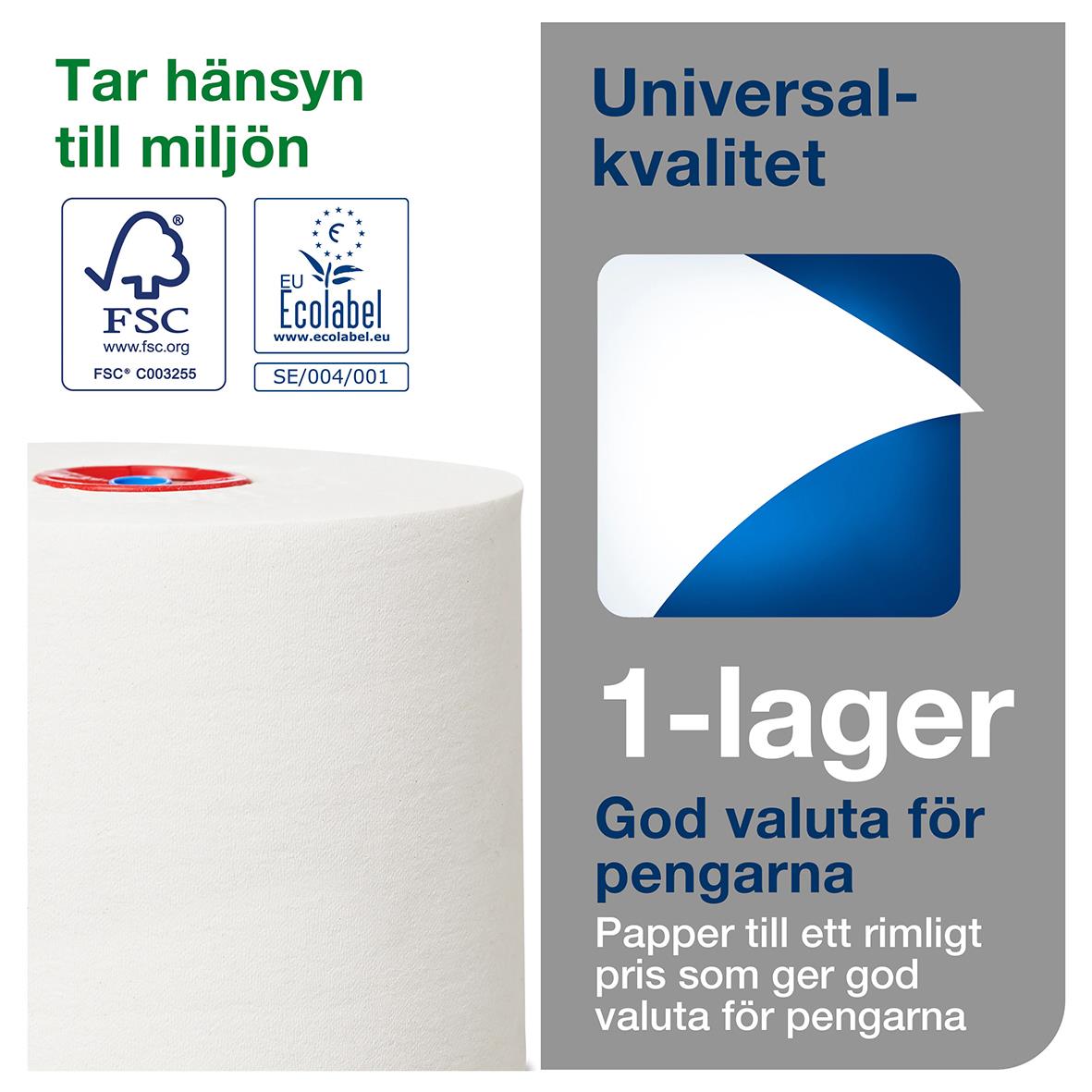 Vit toalettpapper Tork T6 Universal 135m, FSC och Ecolabel certifierad, miljövänlig och prisvärd