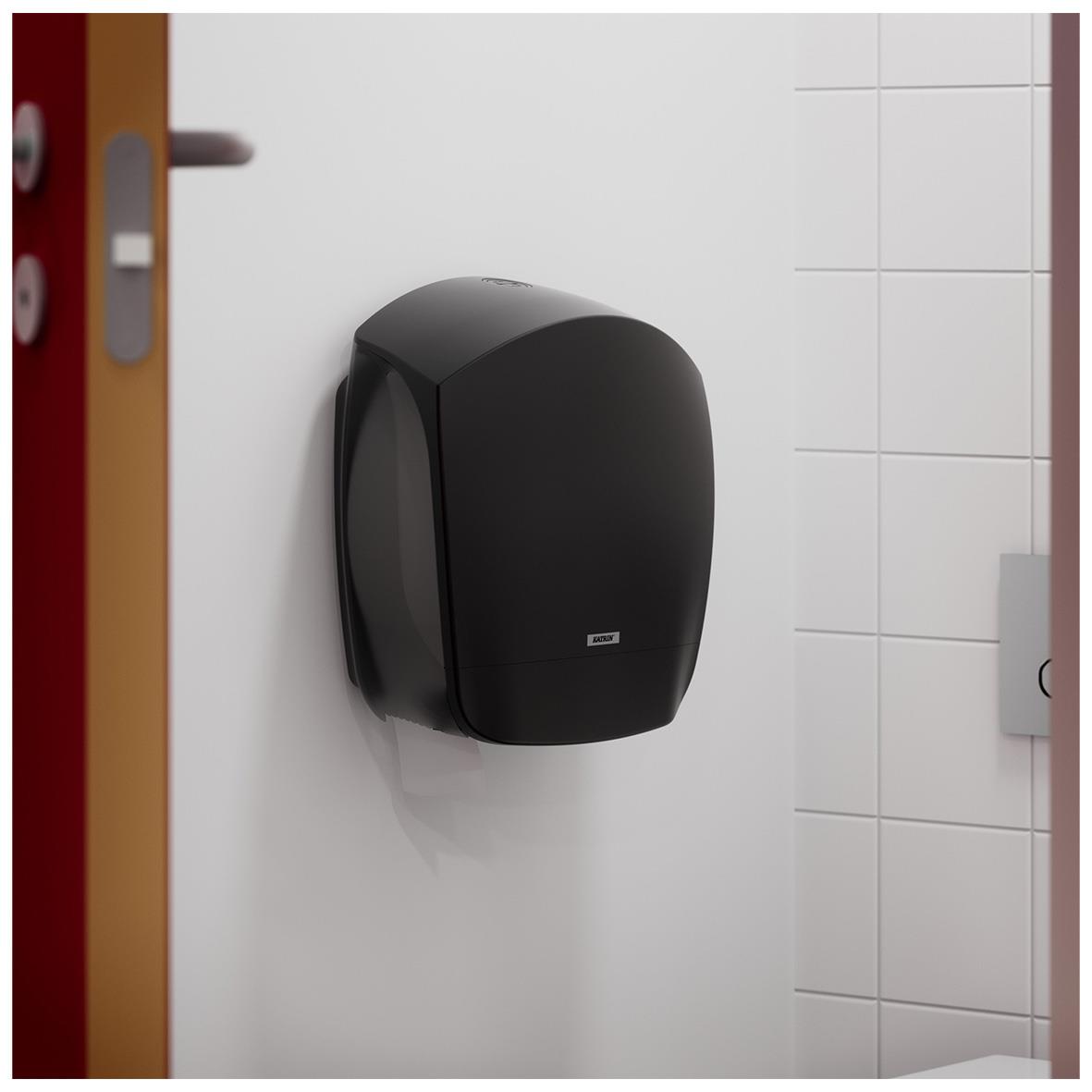 Svart toalettpappershållare med Katrin Gigant M 1-lg Vit 435m toalettpapper