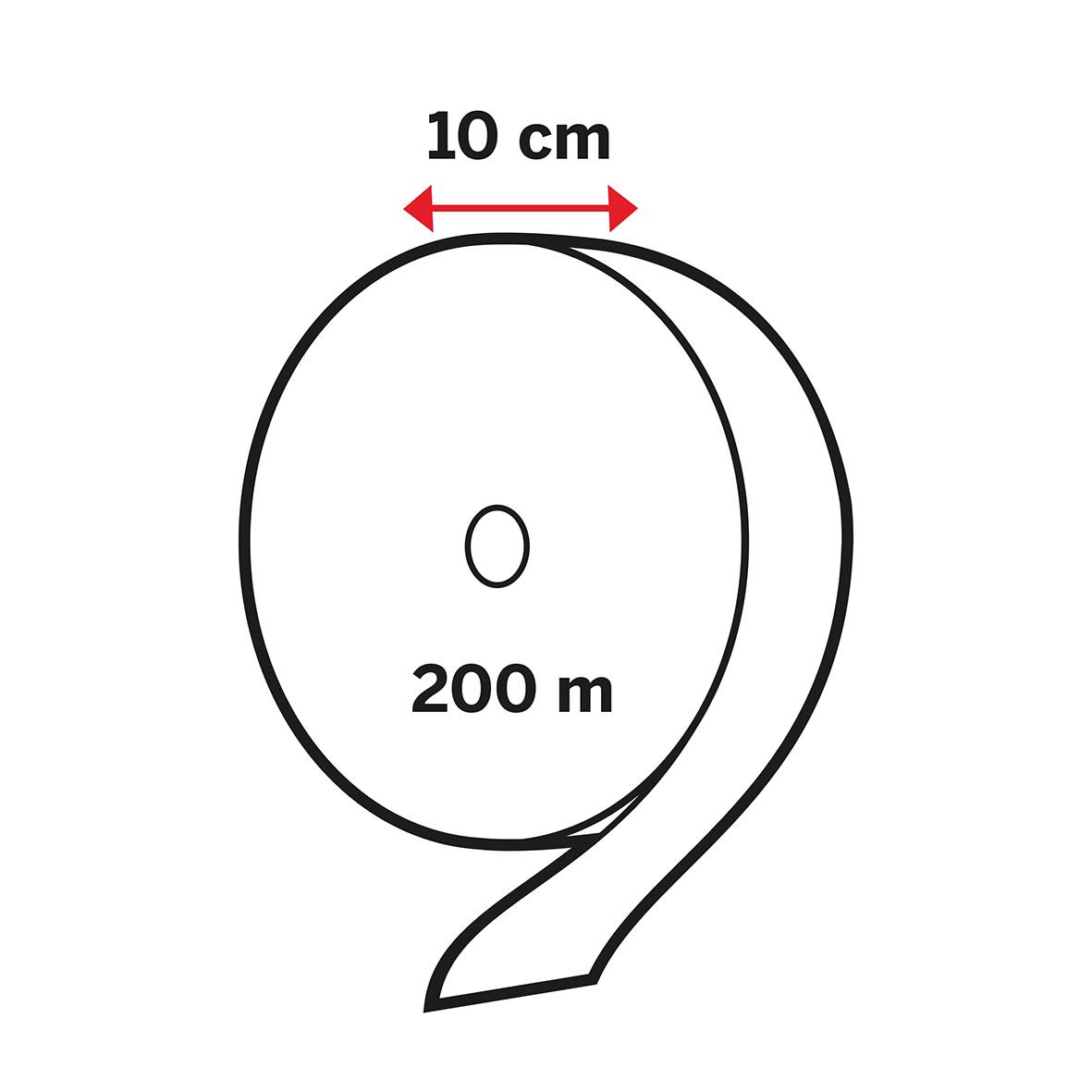 Illustration av toalettpapper med diameter 10 cm och längd 200 m, visar mått och förpackningsinformation