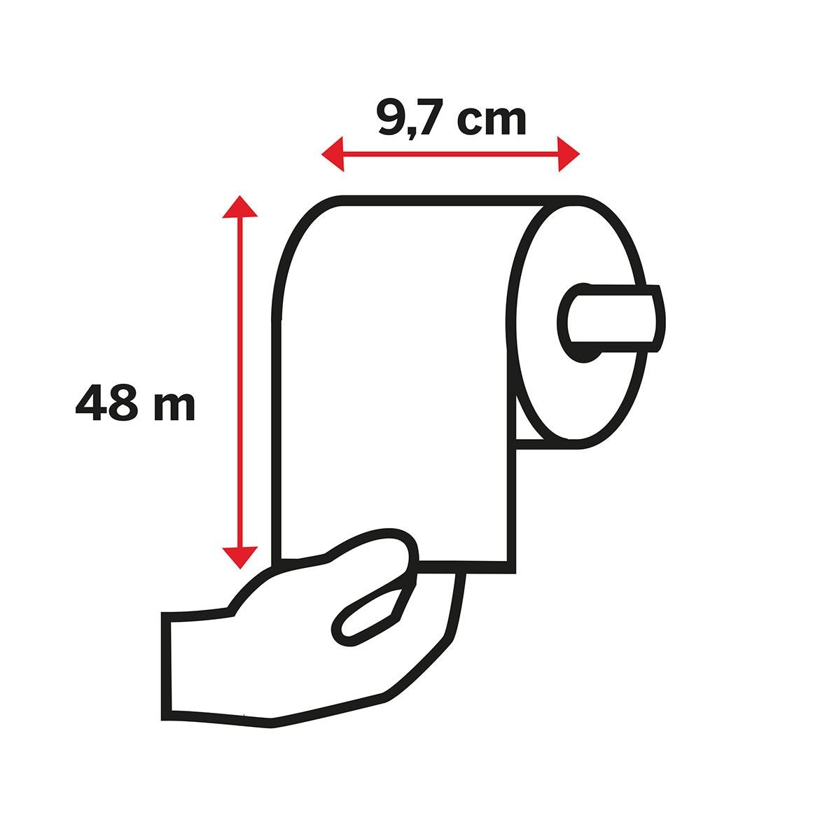 Illustration av Katrin Toalett 400 Classic 2-lg toalettpapper, 48 meter, med mått på 9,7 cm bredd och 48 meter längd