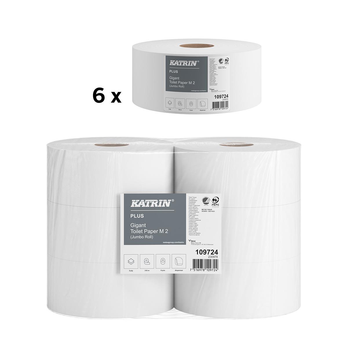 Katrin Gigant M Plus 2-lg vitt toalettpapper, 310m per rulle, 6-pack