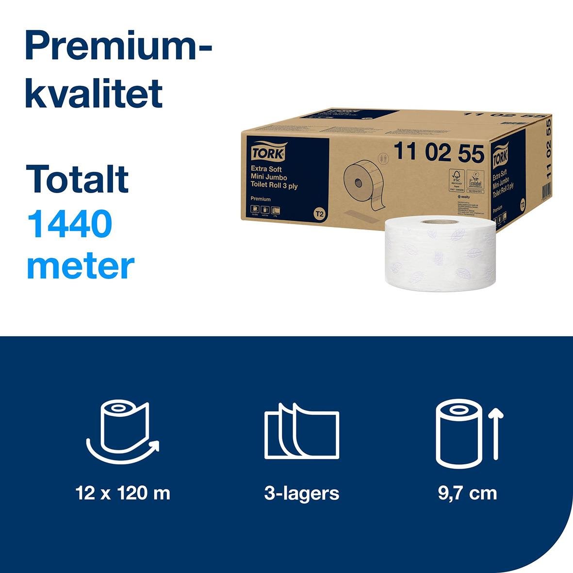 Tork T2 Mini Prem E-soft toalettpapper, 3-lager, 120 m per rulle, totalt 1440 meter, vit, förpackning
