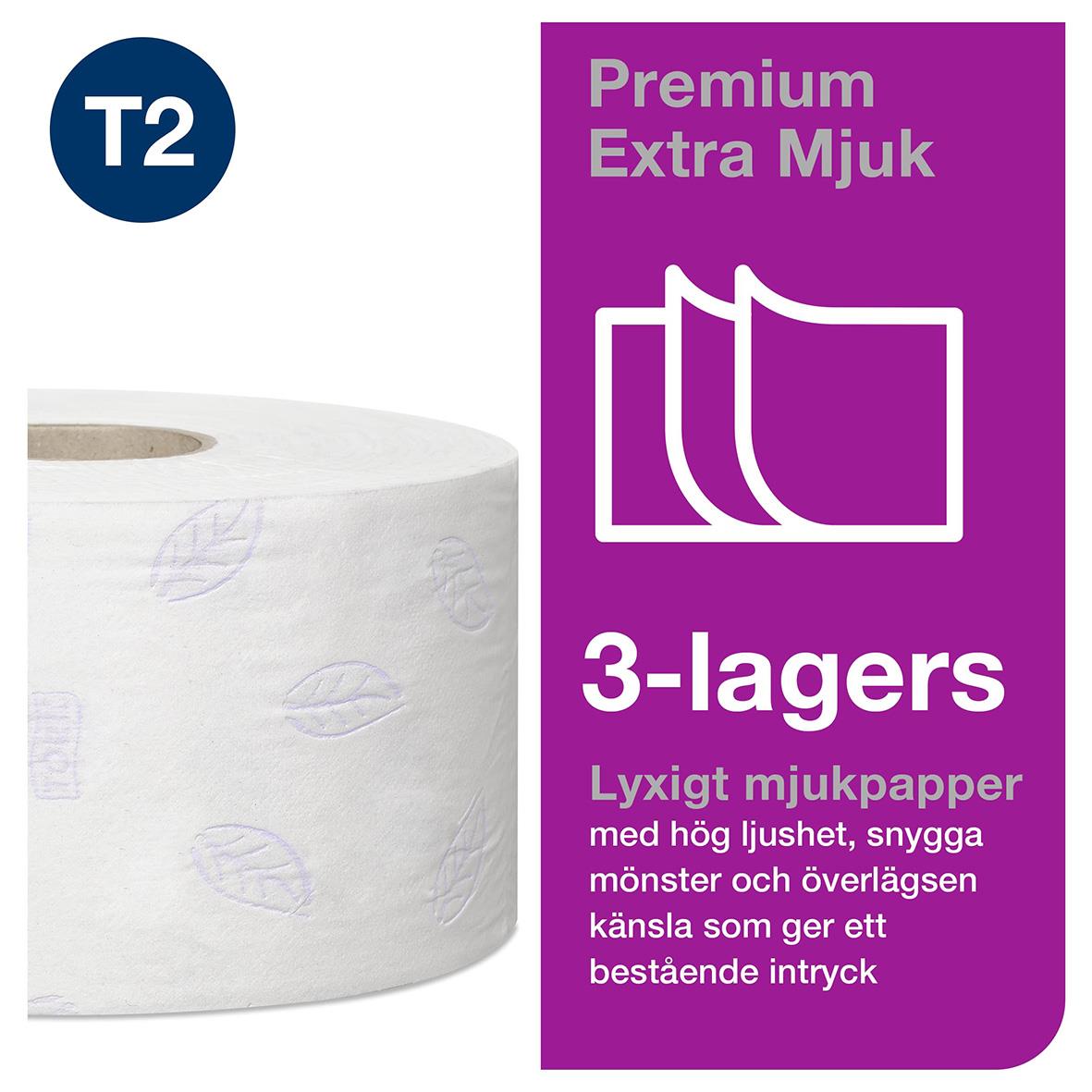 Toalettpapper Tork T2 Mini Prem E-soft 3-lagers, 120m, vitt, mjukt och lyxigt med hög ljushet och snygga mönster