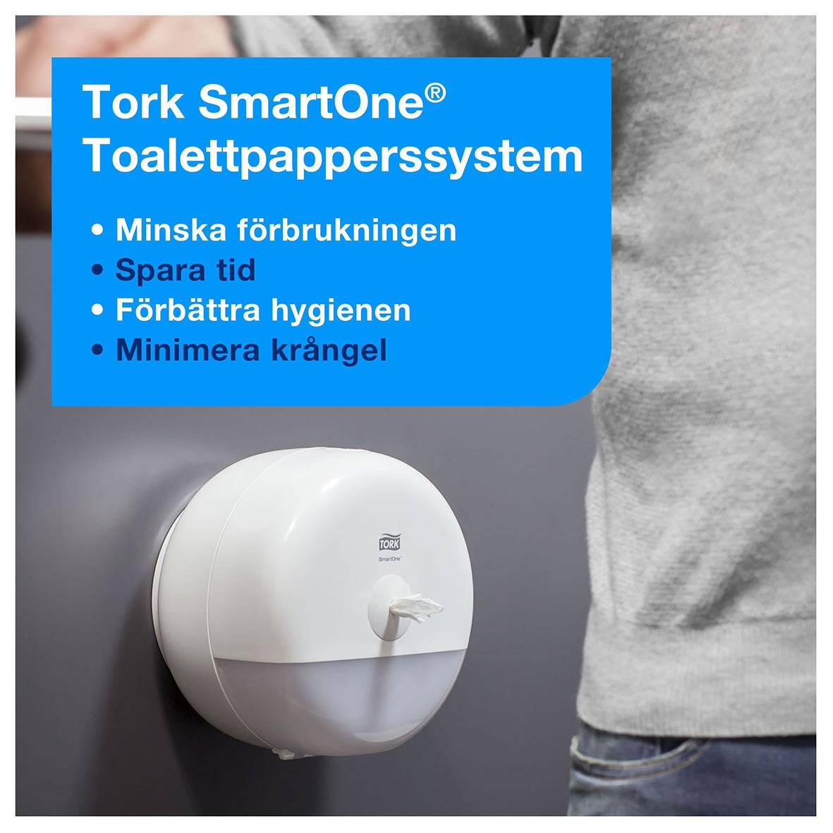 Toalettpapper Tork T8 SmartOne Advanced 2-lagers vitt 207m, väggmonterat toalettrullehållare