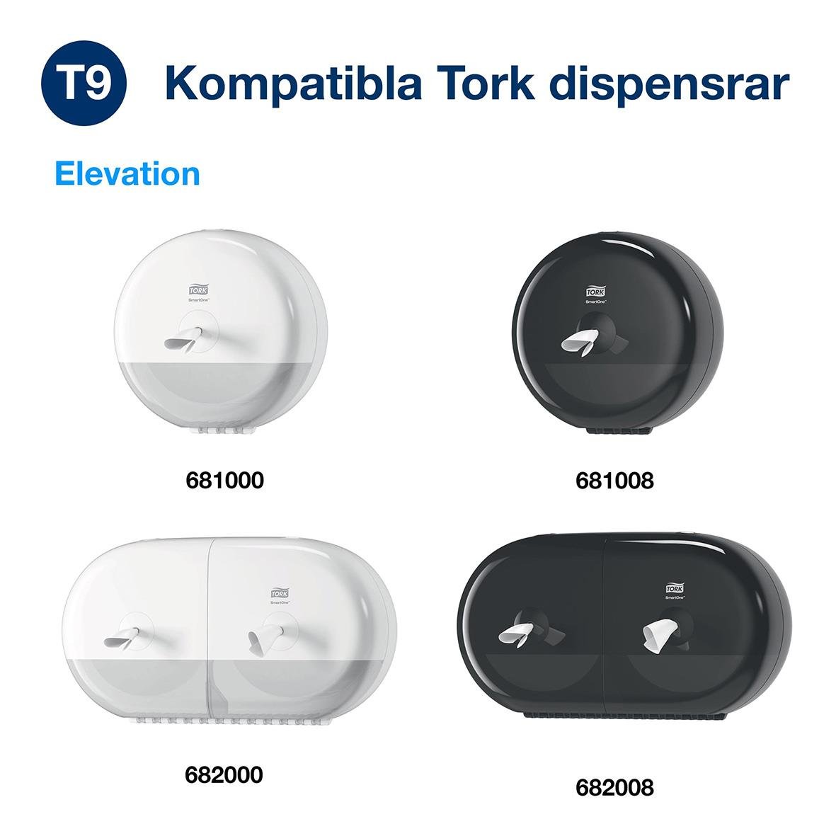 Toalettpapper Tork T9 SmartOne Adv 2-lg Vit 111,6m, två dispenser i vitt och svart