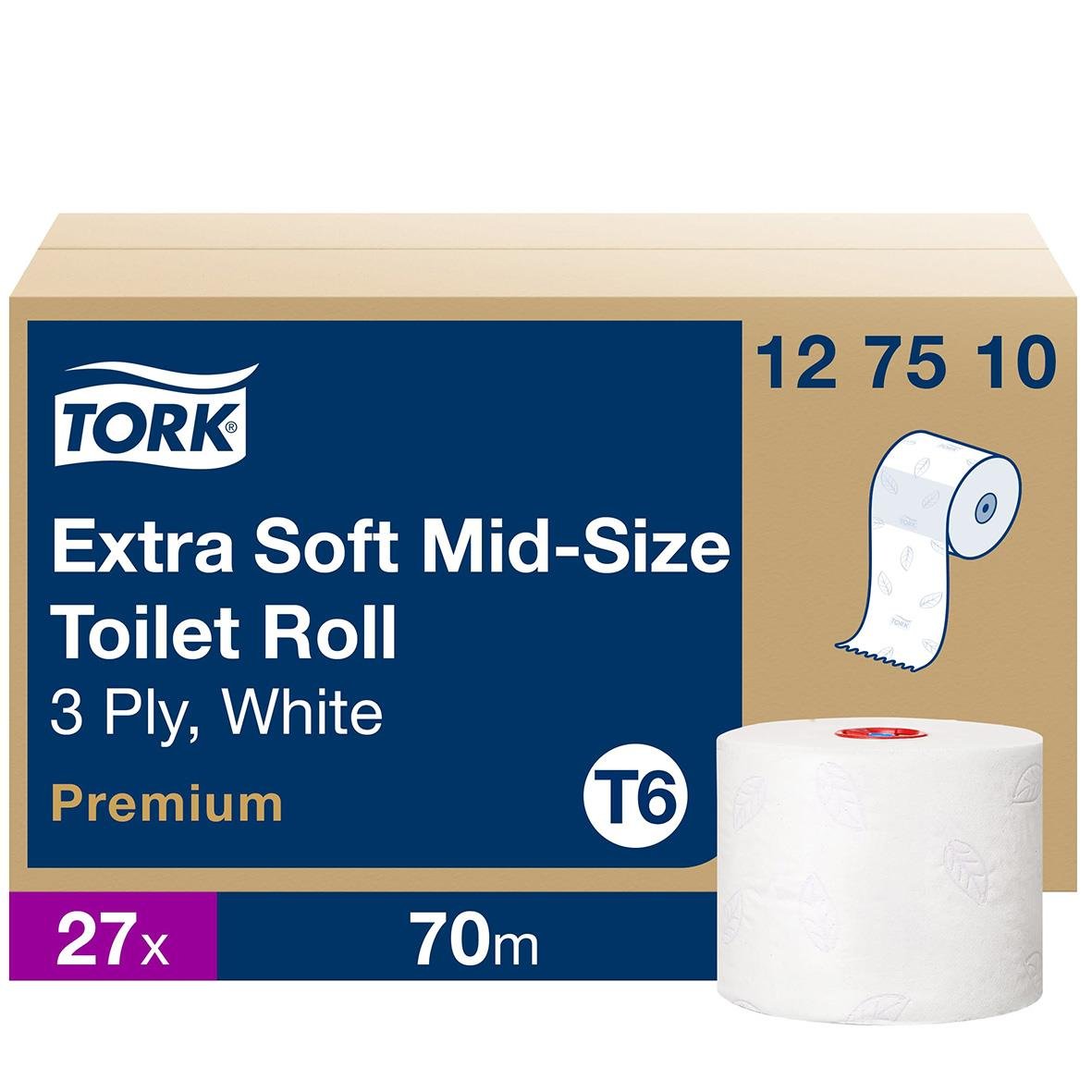Tork T6 Extra Soft Mid-Size toalettpapper, 3-lagers, vit, 70 meter, 27 rullar, premium