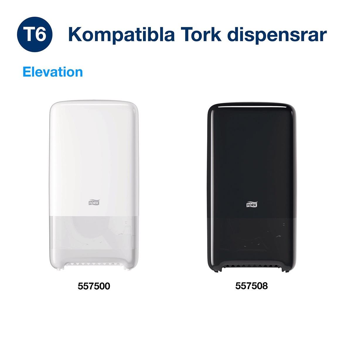 Toalettpapper Tork T6 Mid-size Premium 3-lg, kompatibel Tork dispenser i vitt och svart