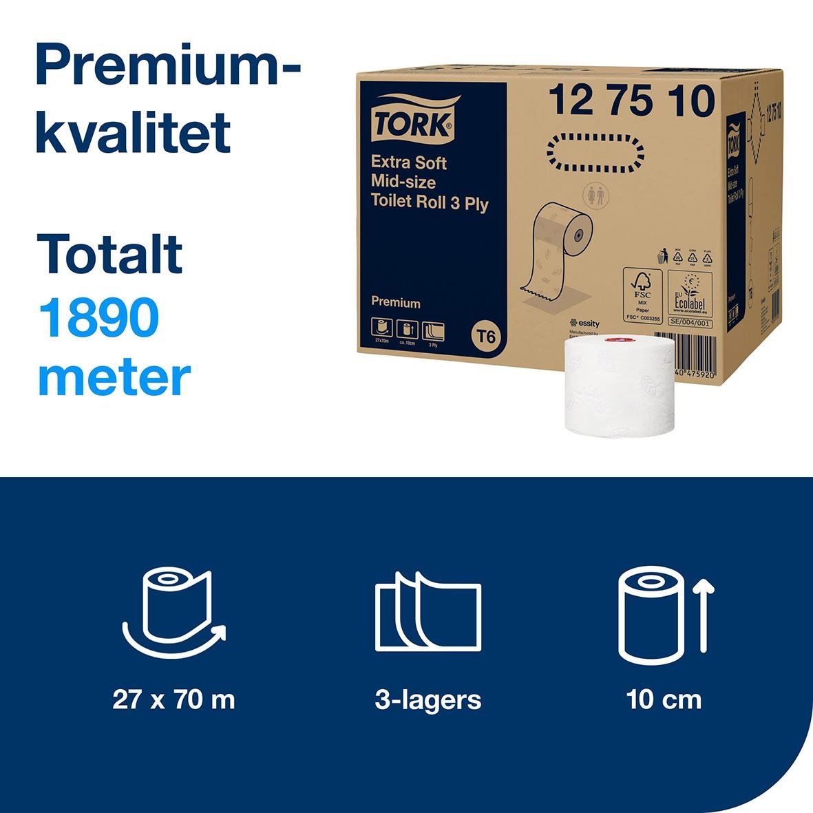 Tork T6 premium toalettpapper i storpack med 3 lager, 27x70 m, 10 cm brett, totalt 1890 meter