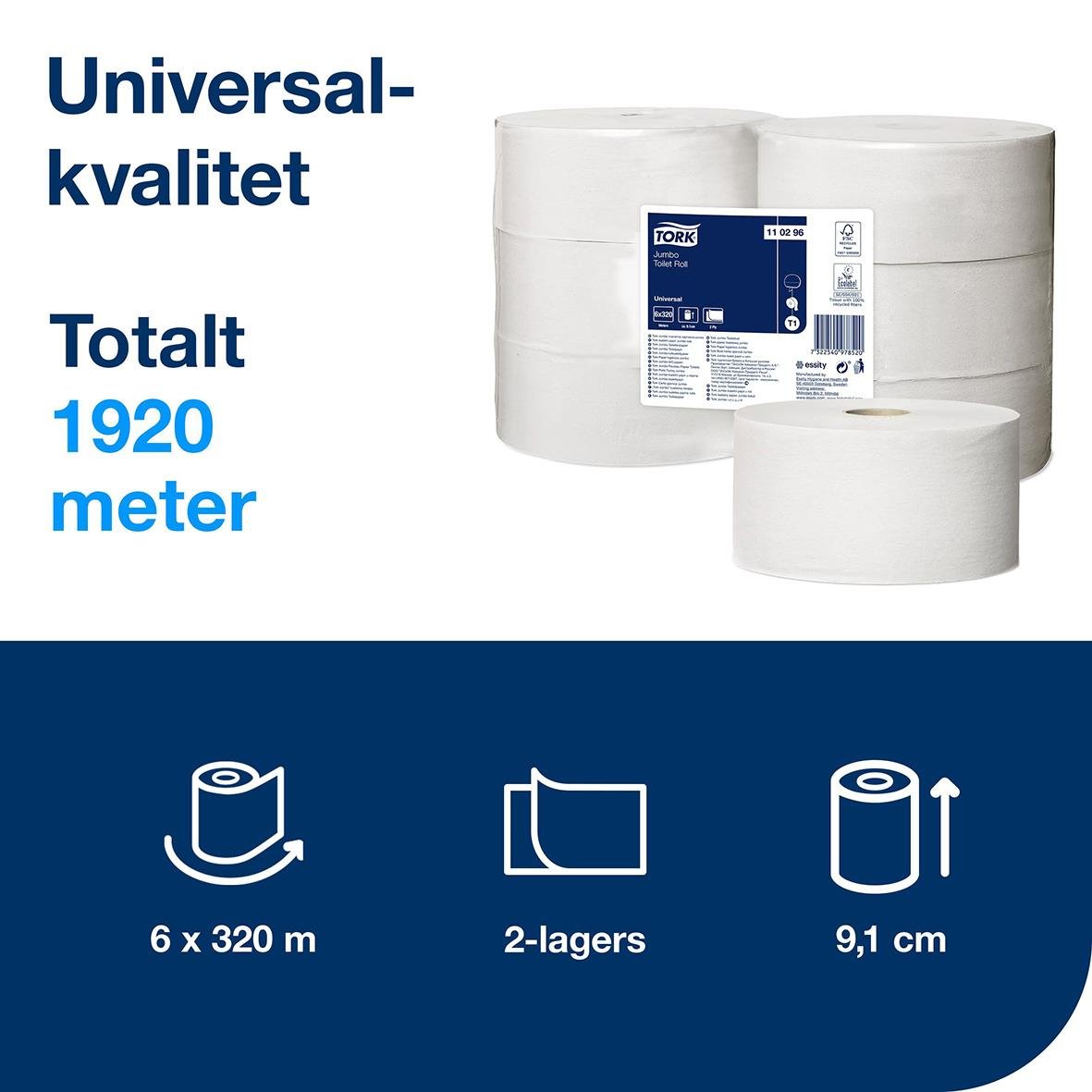 Toalettpapper Tork T1 Jumbo Universal 2-lagers, 320m per rulle, totalt 1920 meter, 6 rullar