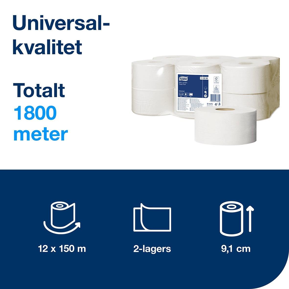 Toalettpapper Tork T2 Mini Universal 2-lagers, 150m per rulle, 12 rullar, 1800 meter totalt, 9,1 cm bredd