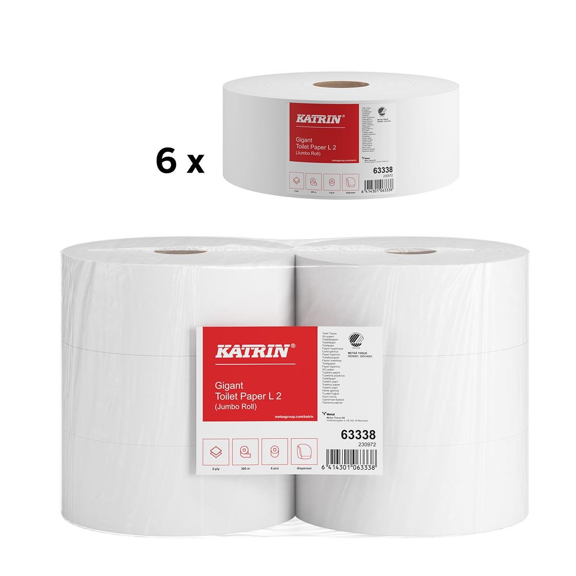 6-pack Katrin Gigant L toalettpapper, 380m per rulle, vitt, stor förpackning