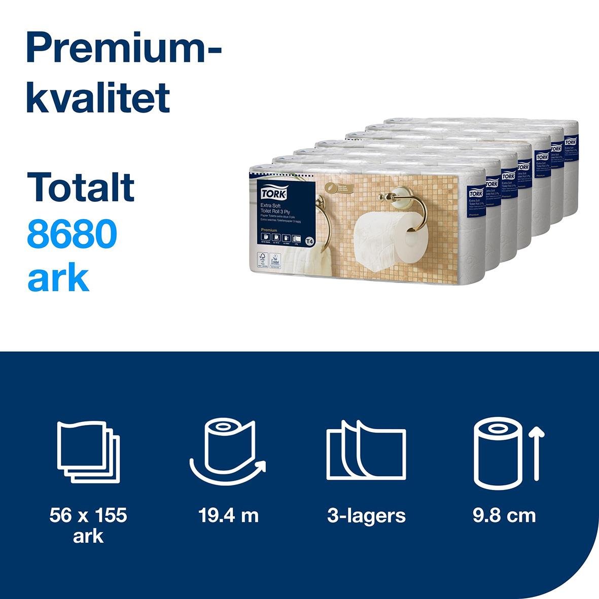 Toalettpapper Tork T4 Premium E-soft 3-lagers, 19m, vit, 56x155 ark, 9.8 cm diameter