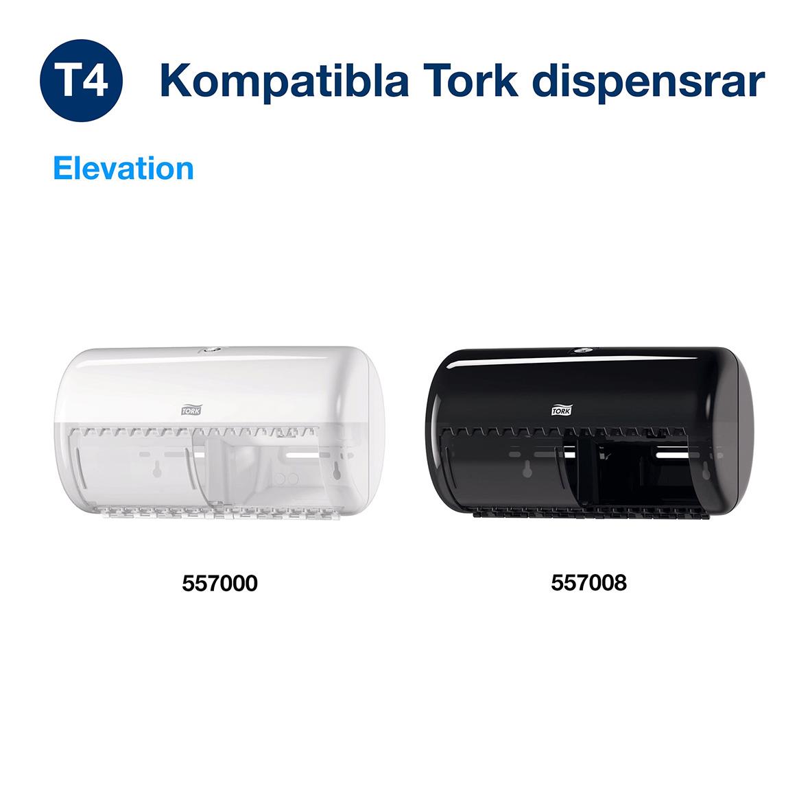 Två toalettrullar Tork T4 Premium E-soft 3-lg, vit och svart, i dispenser