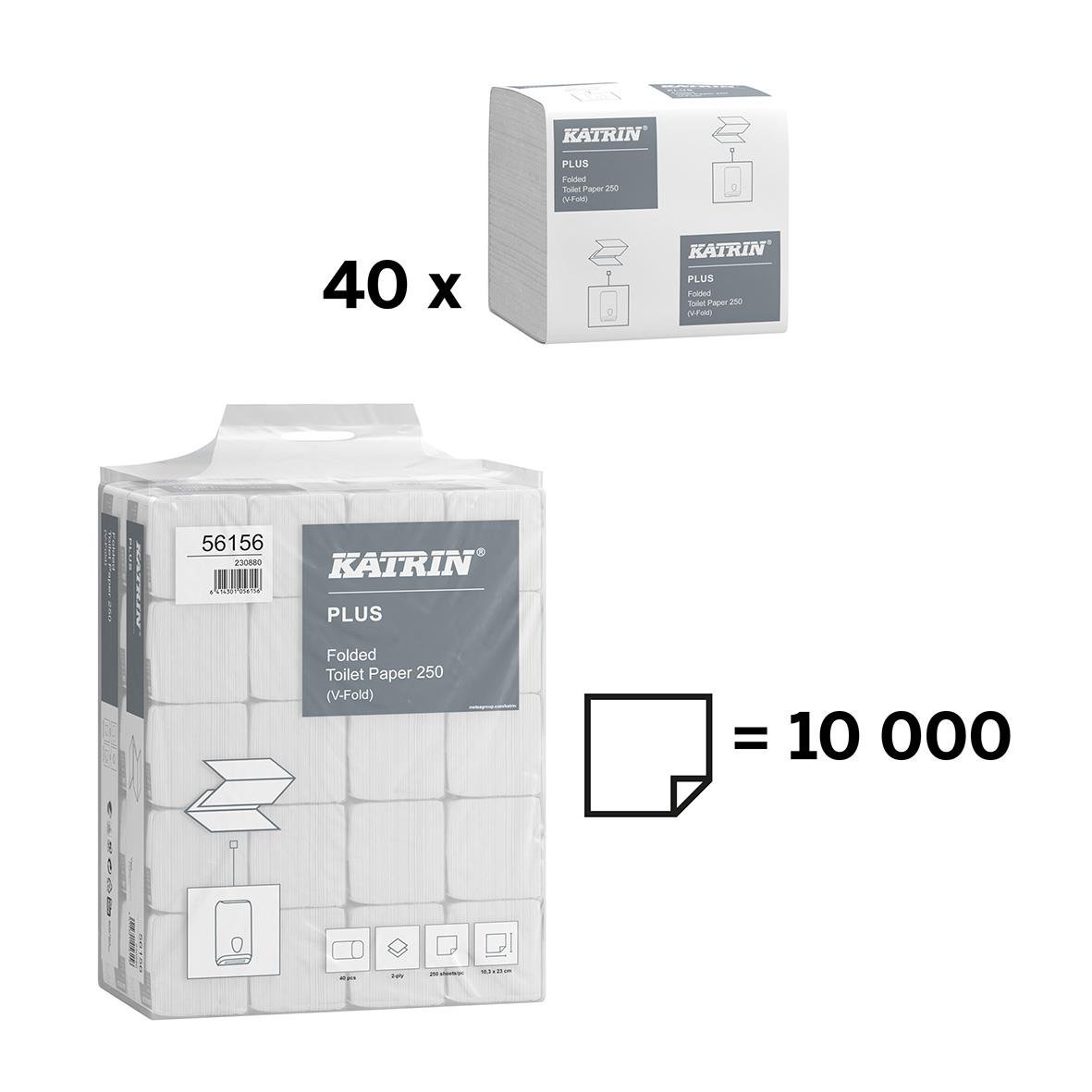 Katrin Plus bulk toalettpapper i vit, 40 paket, 10x22cm, totalt 10 000 ark