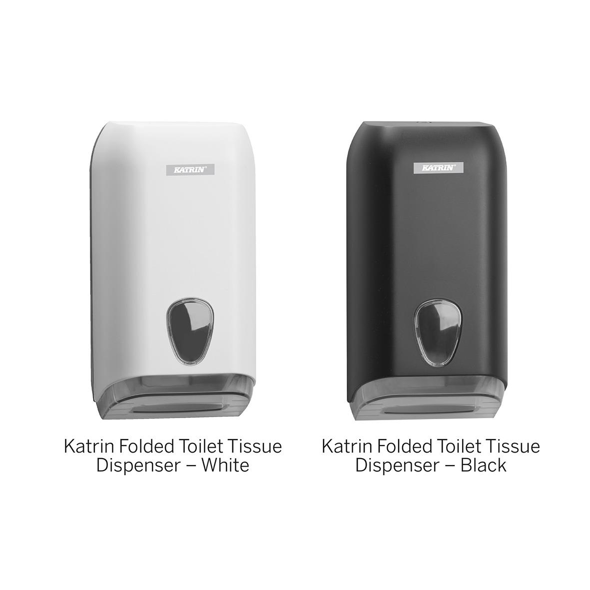 Två Katrin Plus bulk toalettpappersdispenser, en vit och en svart, i modern design