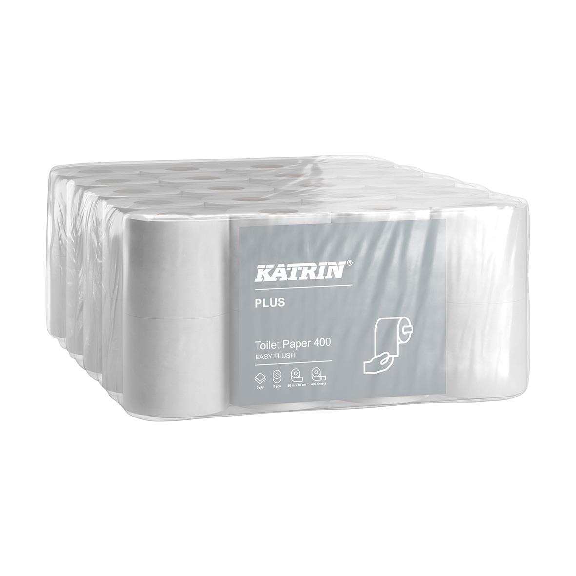 Två rullar Katrin EasyFlush toalettpapper 50m i vit förpackning