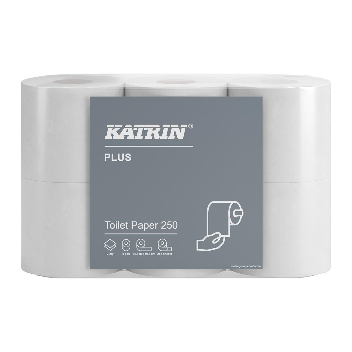 Katrin toalettpapper 250 2-lg vit, 36,8 meter, förpackning med fyra rullar