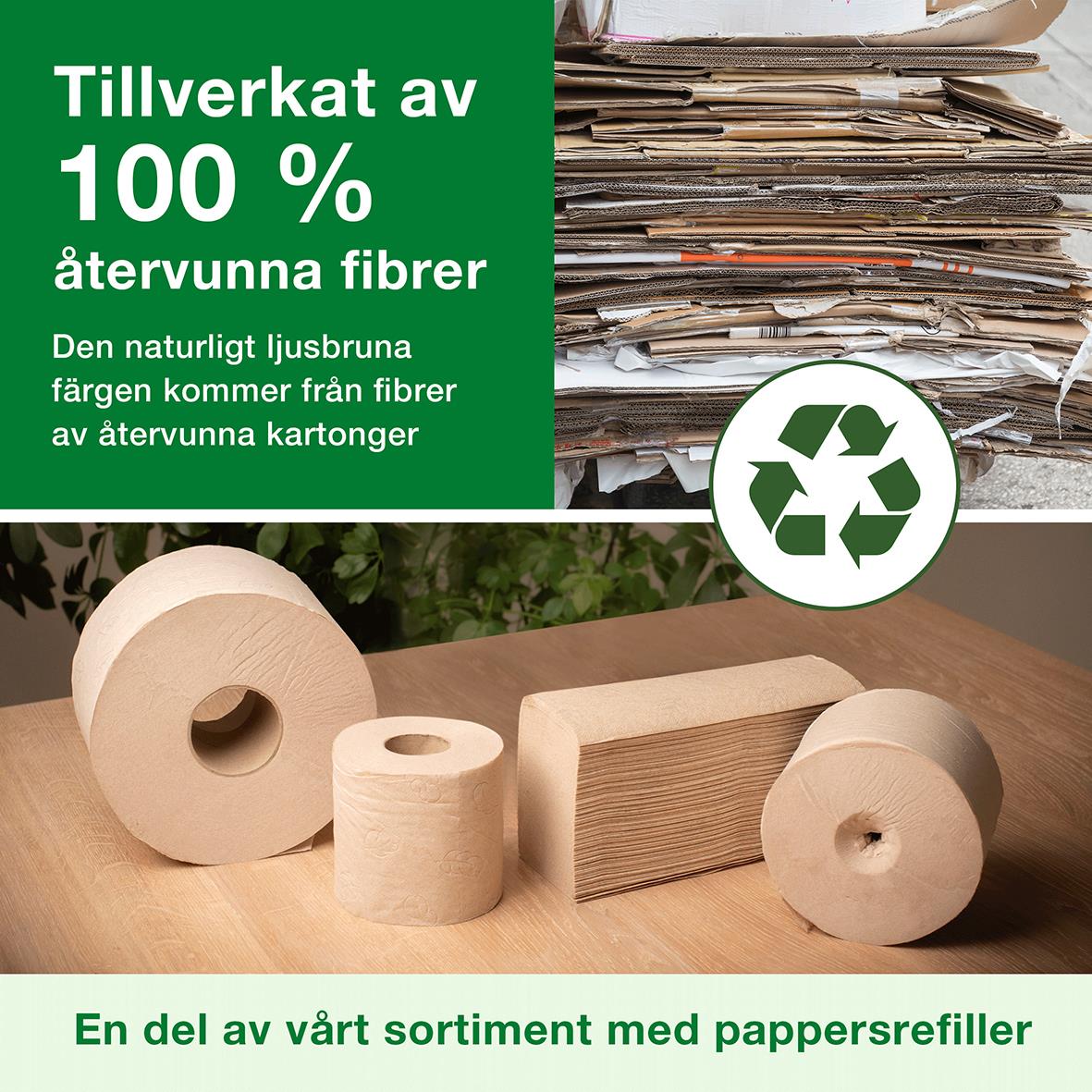 Toalettpapper Tork T4 Advanced 2-lagers natur 35m, miljövänligt med återvunna fibrer, staplade papper och papperrefiller