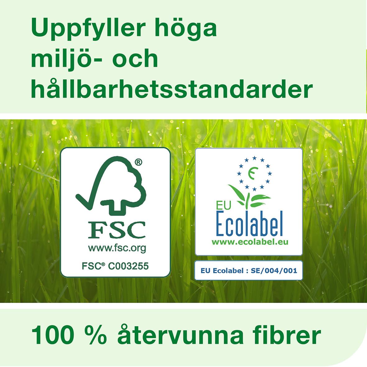 Toalettpapper Tork T4 Advanced 2-lg Natur 35m med miljömärkningar och text om hållbarhet och återvunna fibrer