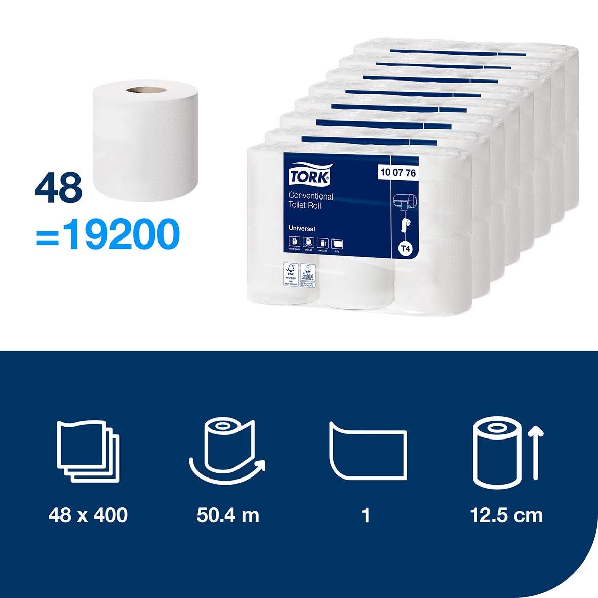 Toalettpapper Tork T4 Universal 1-lagers natur 51m, 48 rullar