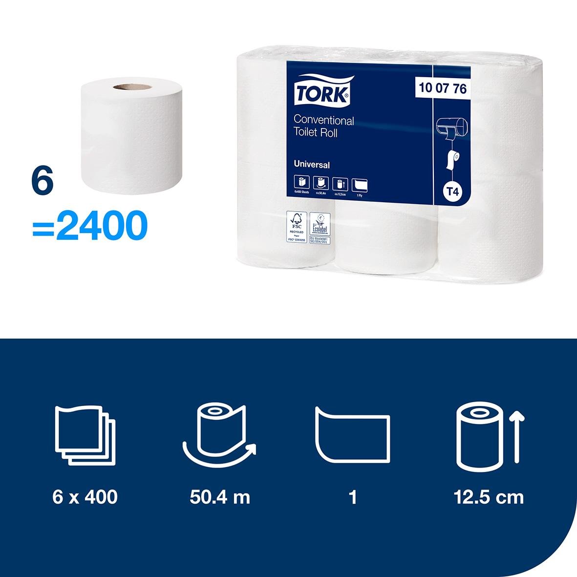 Toalettpapper Tork T4 Universal 1-lags natur 51m, 6 rullar, 50,4 m per rulle, 12,5 cm brett