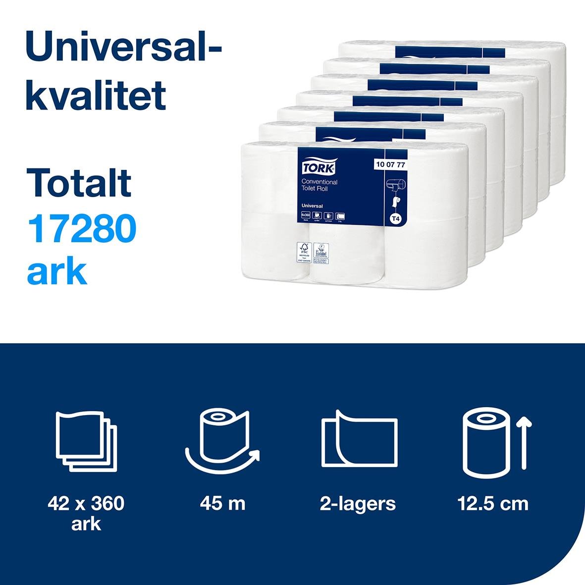 Toalettpapper Tork T4 Universal 2-lagers, 45 m, 12,5 cm brett, 42 ark per rulle, 360 ark totalt
