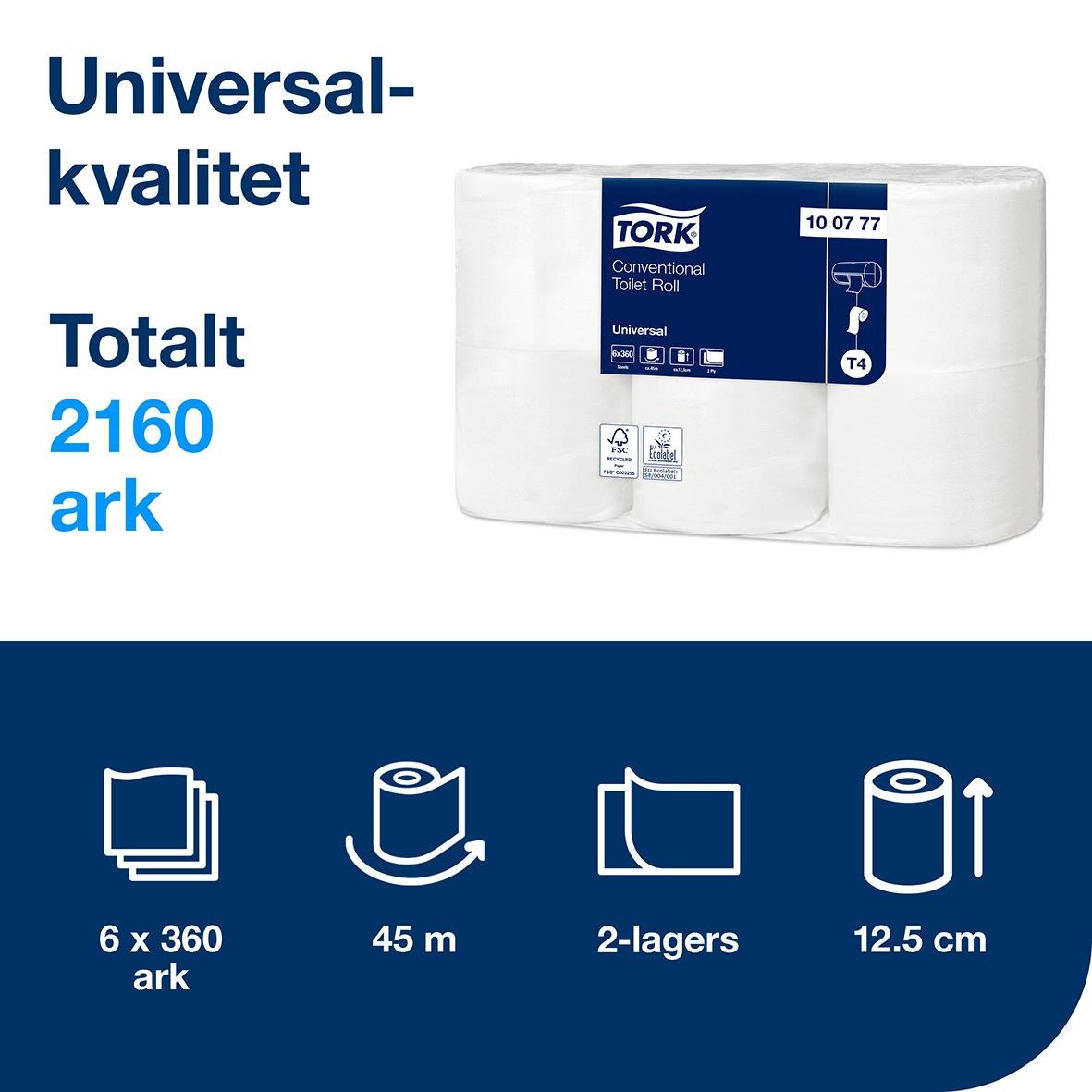 Tork T4 Universal toalettpapper, 2-lagers, 45m, 6x360 ark, blå och vit förpackning