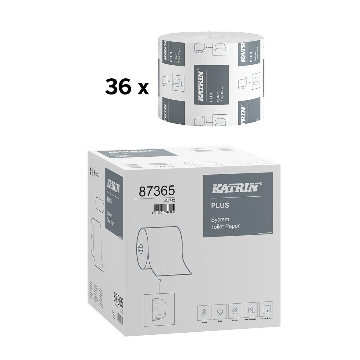 Katrin System Plus 2-lg toalettpapper i vit, 85,5m per rulle, 36 rullar i förpackning
