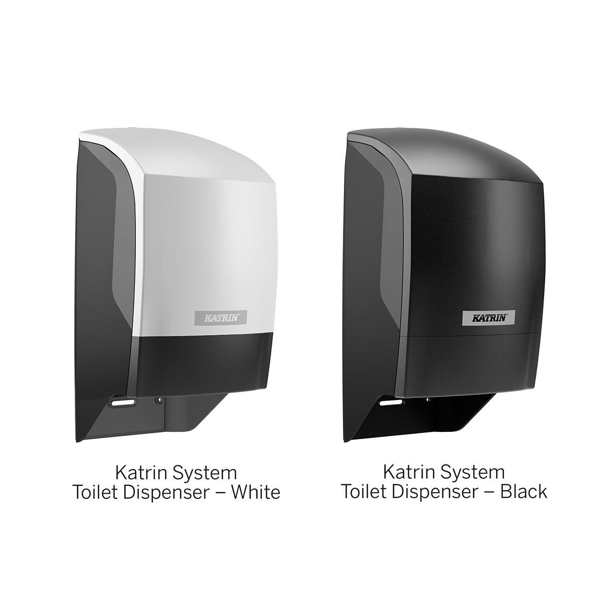 Två Katrin System Plus toalettpappersdispenser, vit och svart, med 85,5 meter toalettpapper