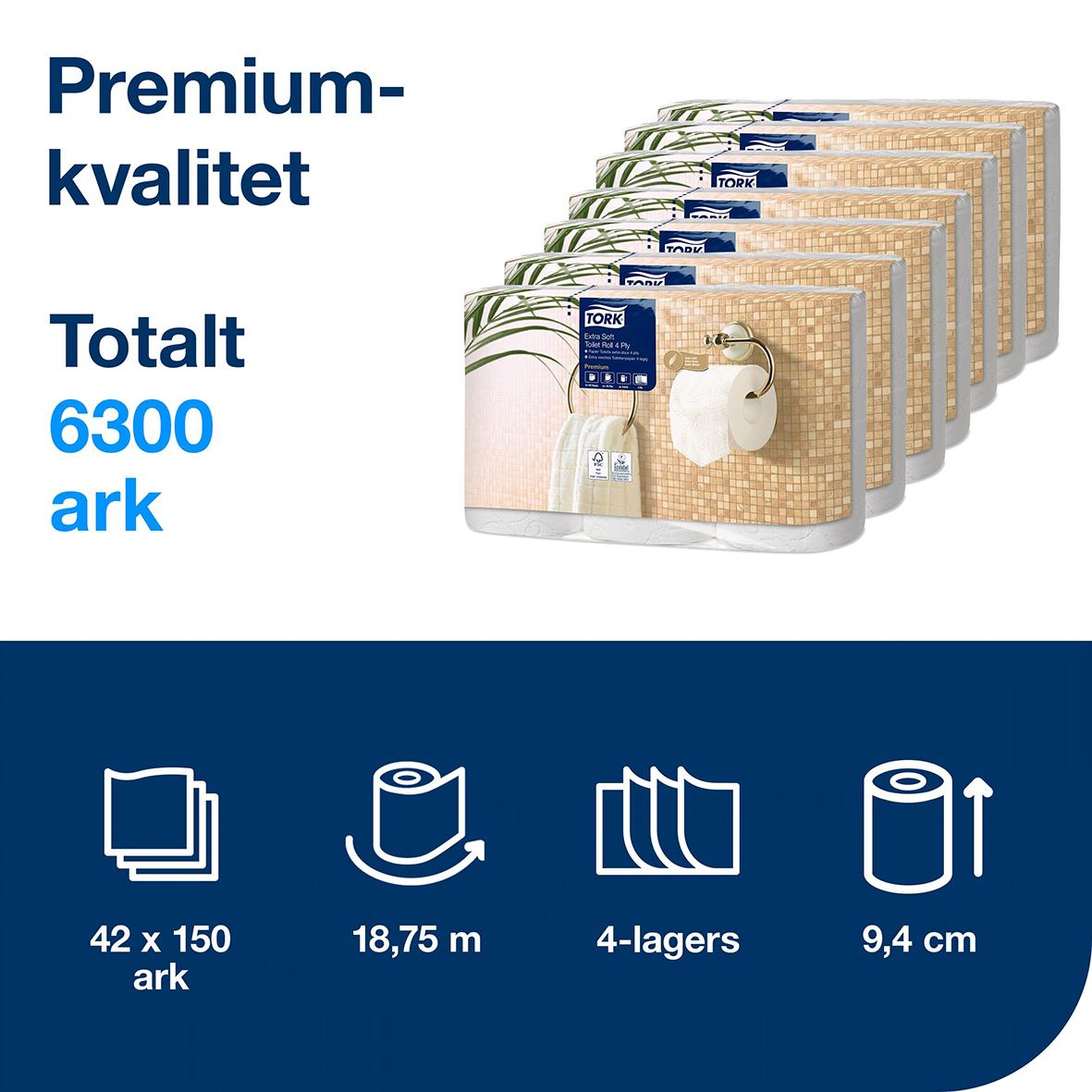 Tork T4 Premium toalettpapper, 4-lager, 18,8m, 150 ark per rulle, 42 rullar