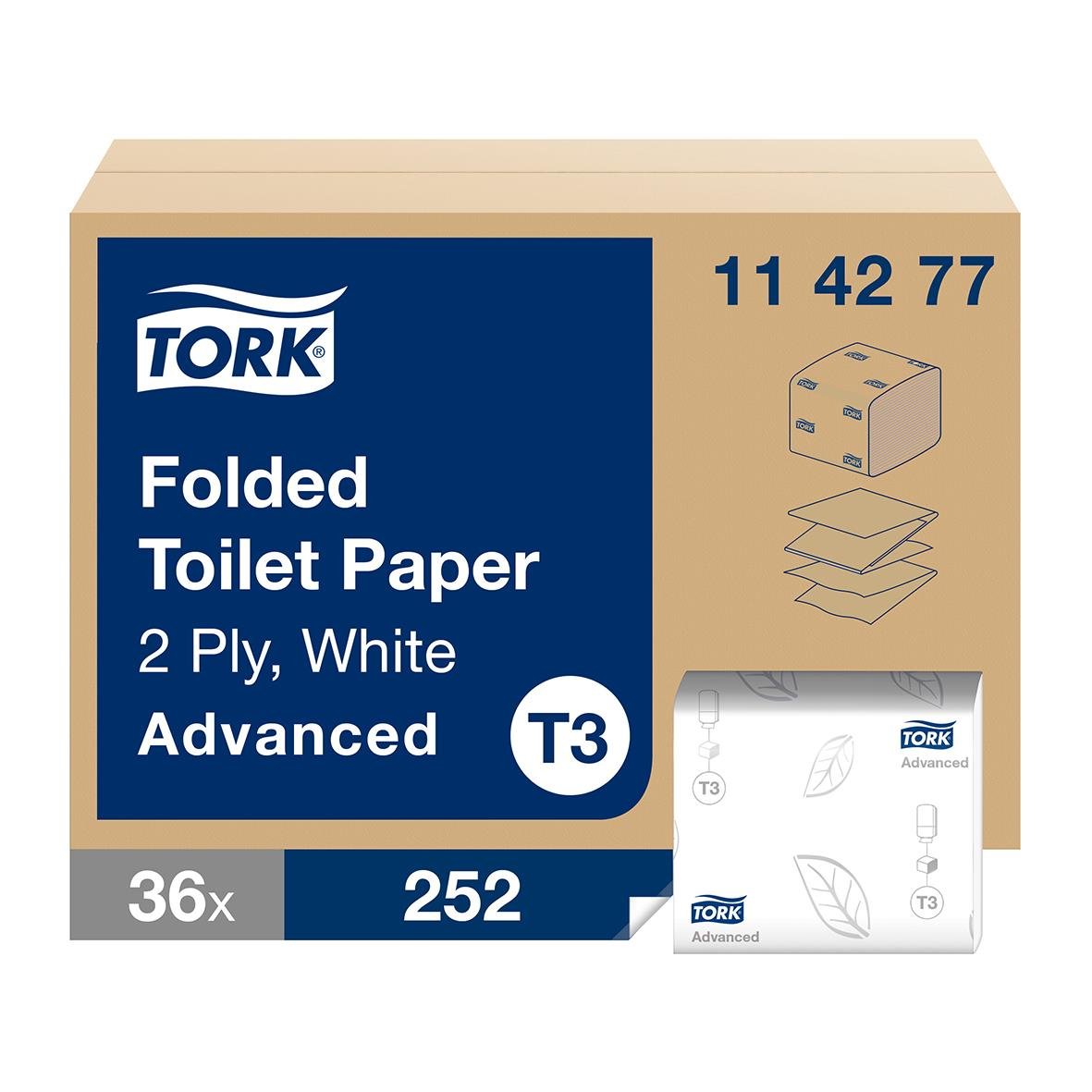 Förpackning med Tork T3 Advanced 2-lags toalettpapper i vitt, 36 rullar, 19x11cm