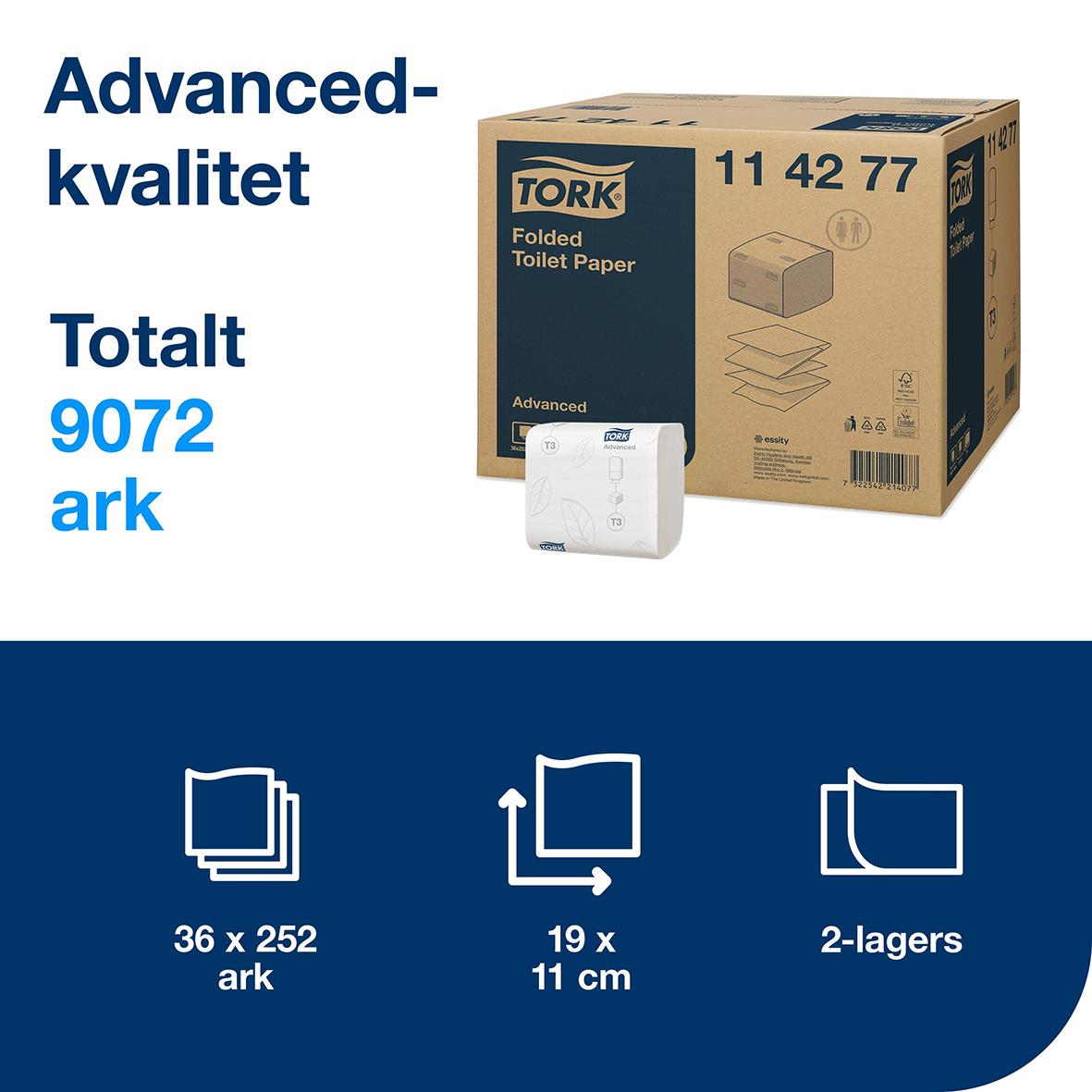Förpackning med Tork T3 Advanced toalettpapper, 2-lagers, vit, 19x11cm, 36x252 ark