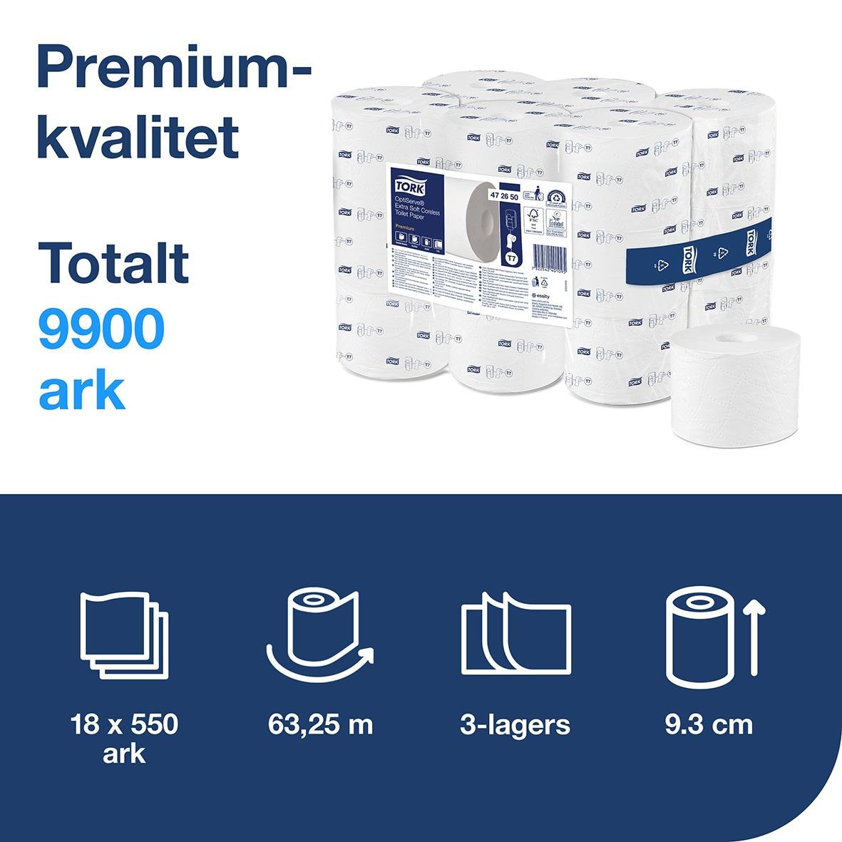 Tork T7 Coreless Premium toalettpapper 3-lager, vit, 63,3m, 18 rullar