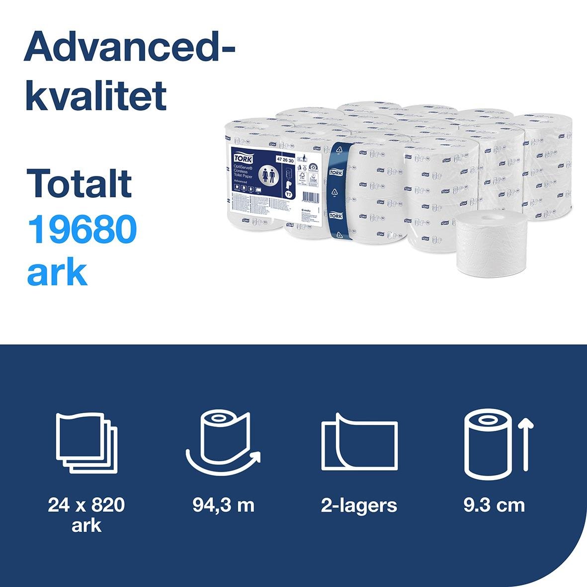 Tork T7 Coreless Advanced toalettpapper, 94,3m, 2-lagers, vit, 24 rullar