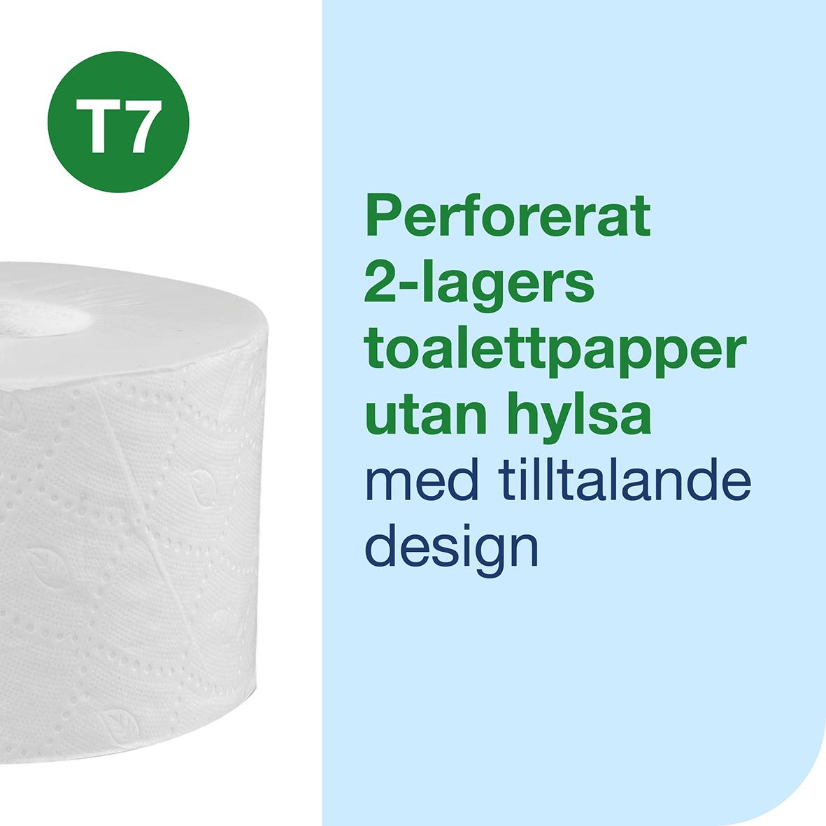 Perforerat 2-lagers toalettpapper utan hylsa Tork T7 Coreless Advanced 94,3m