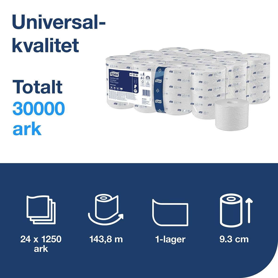 Toalettpapper Tork T7 Coreless Universal 1-lager vit, 143,8m, 24 rullar i pack