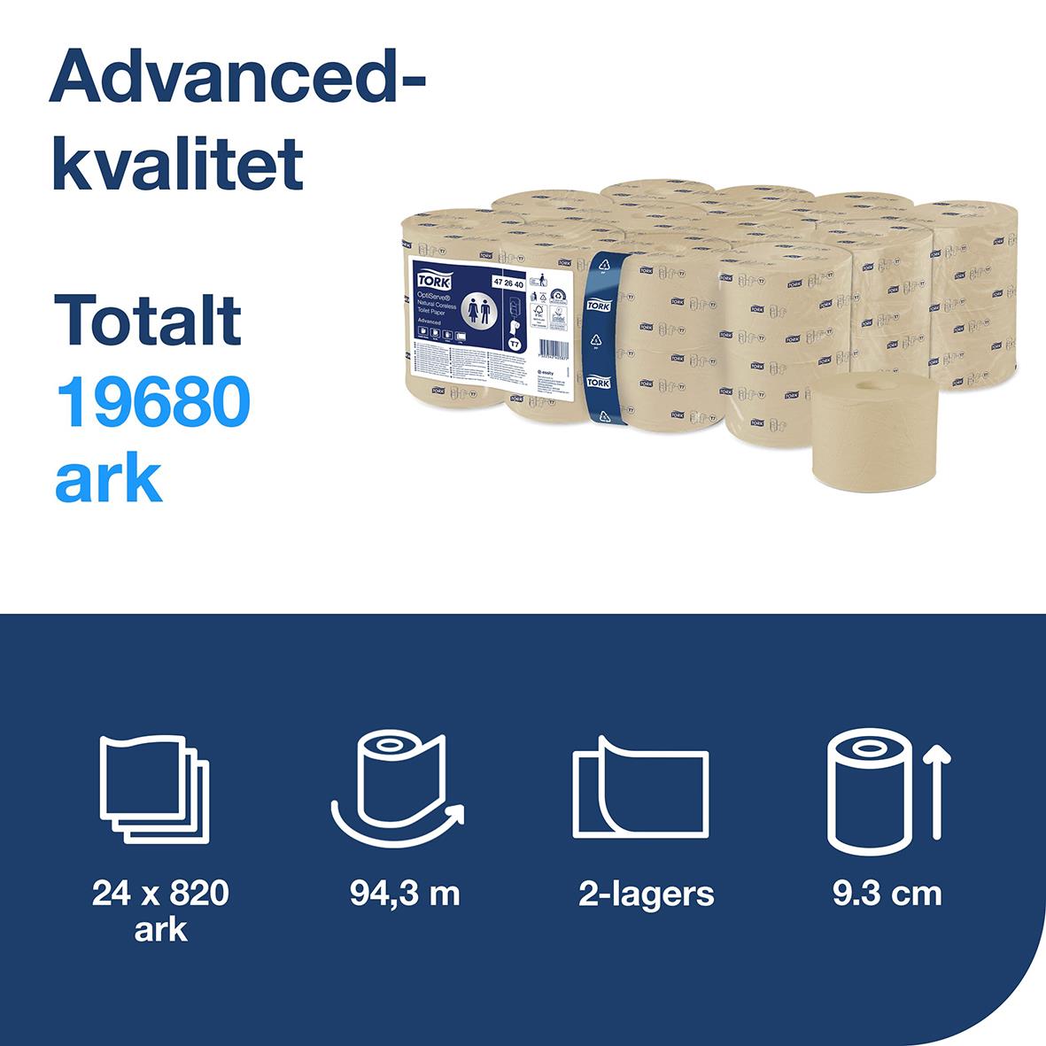 Tork T7 Coreless Advance toalettpapper 2-lager natur, 94,3 m per rulle, 24 rullar per paket