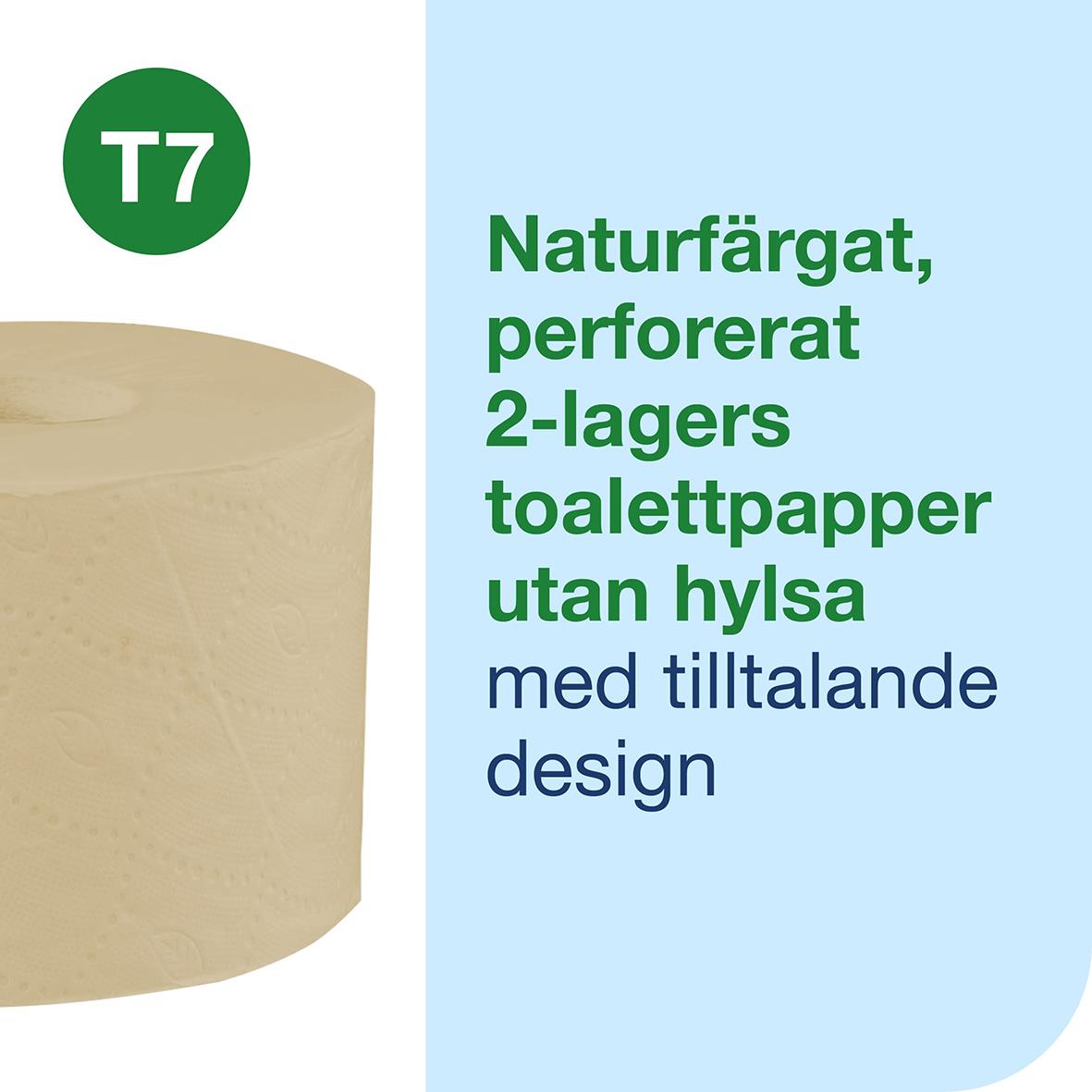 Toalettpapper Tork T7 Coreless Advance 2-lagers naturfärgat perforerat utan hylla med tilltalande design