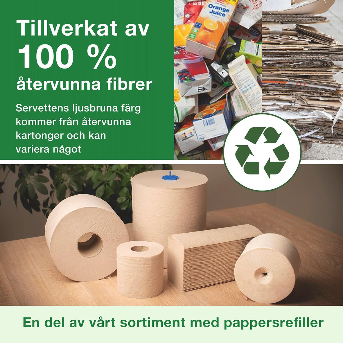 Toalettpapper Tork T7 Coreless Advance 2-lg Natur 94,3m, återvunna fibrer, papperstuber och papperstussar på bord