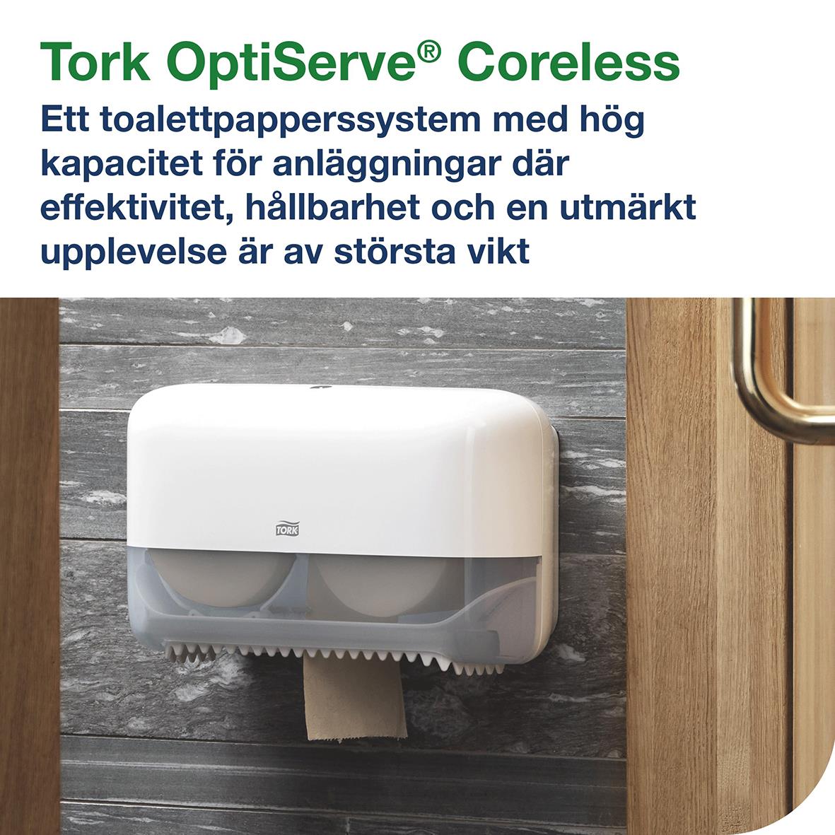 Tork OptiServe Coreless toalettpappersystem med hög kapacitet, väggmonterad, på trävägg