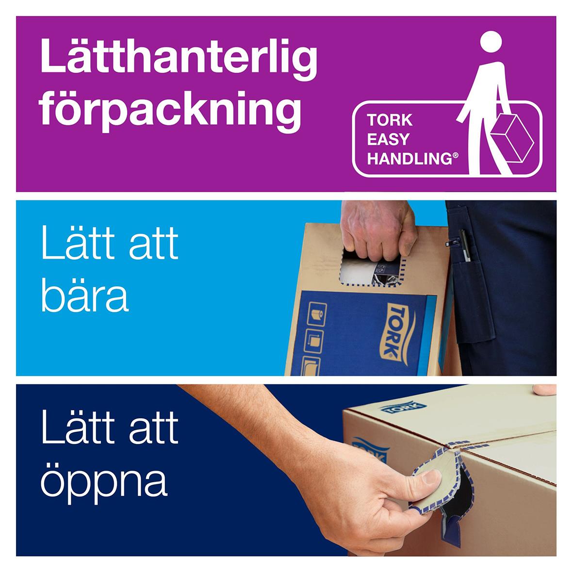 Förpackning av Torkrulle Tork M1 Advanced 1-lag vit 215mmx120m med lätt att bära och öppna