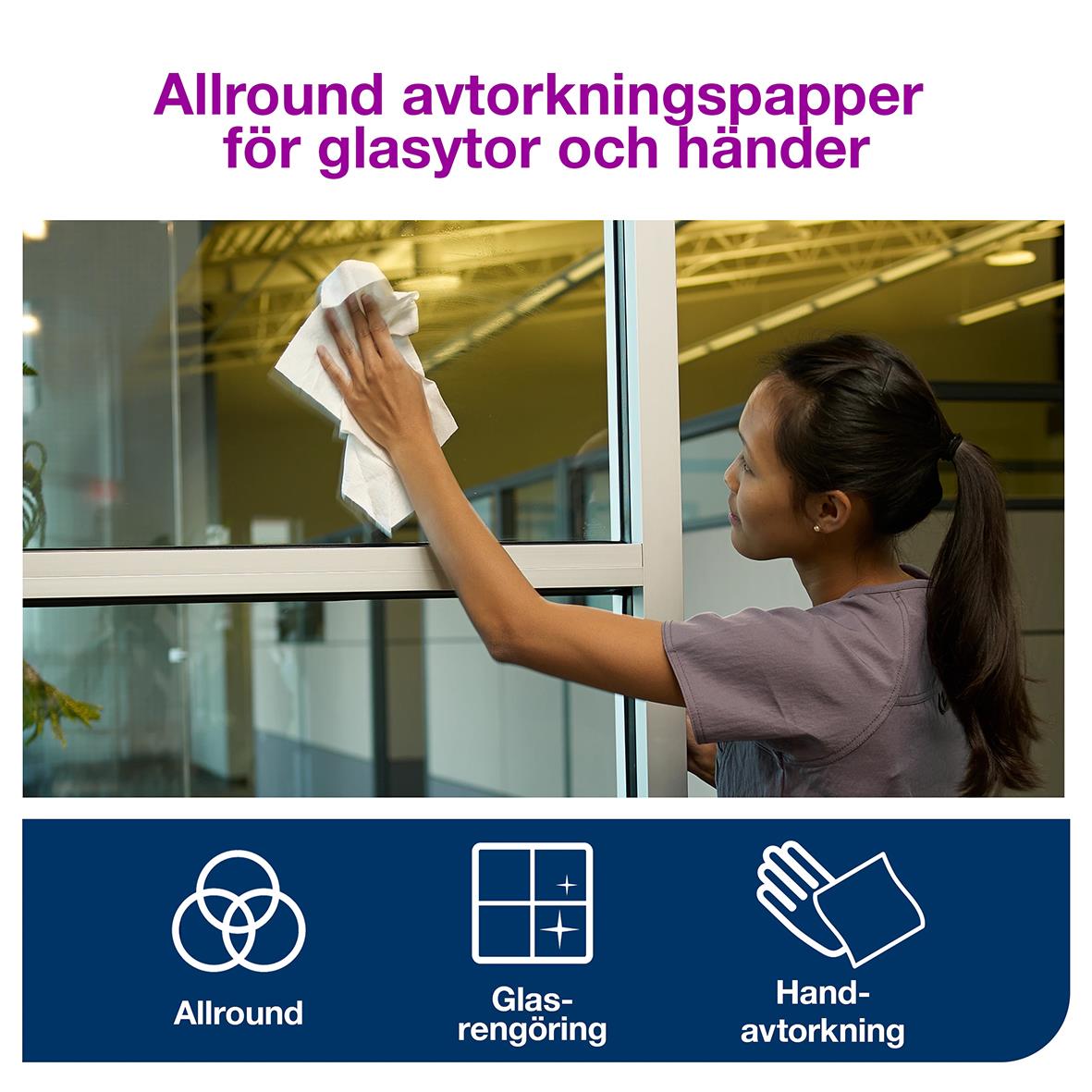 Kvinna torkar glasruta med allround avtorkningspapper för glasytor och händer