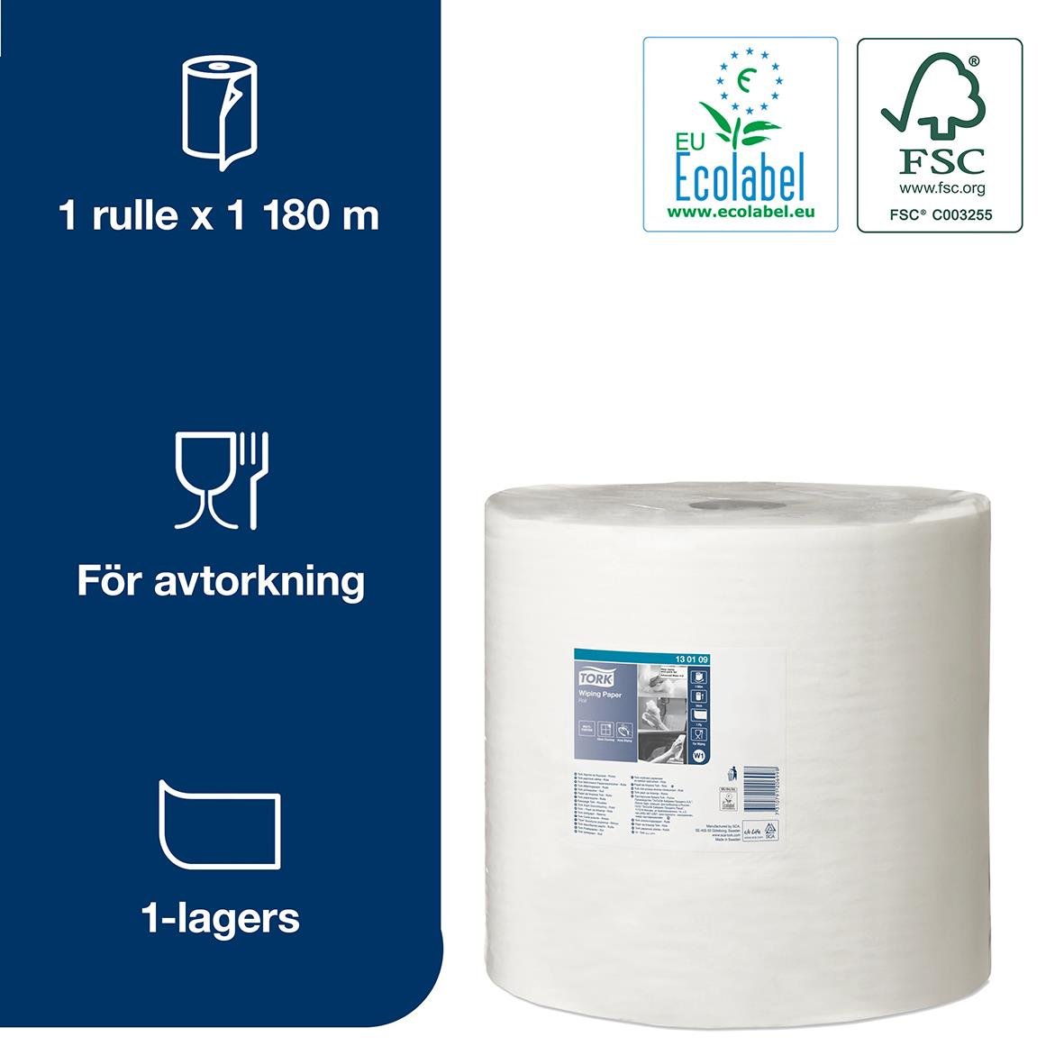 Stor industrirulle Tork W1 Avtork 340mm x 1180m för avtorkning