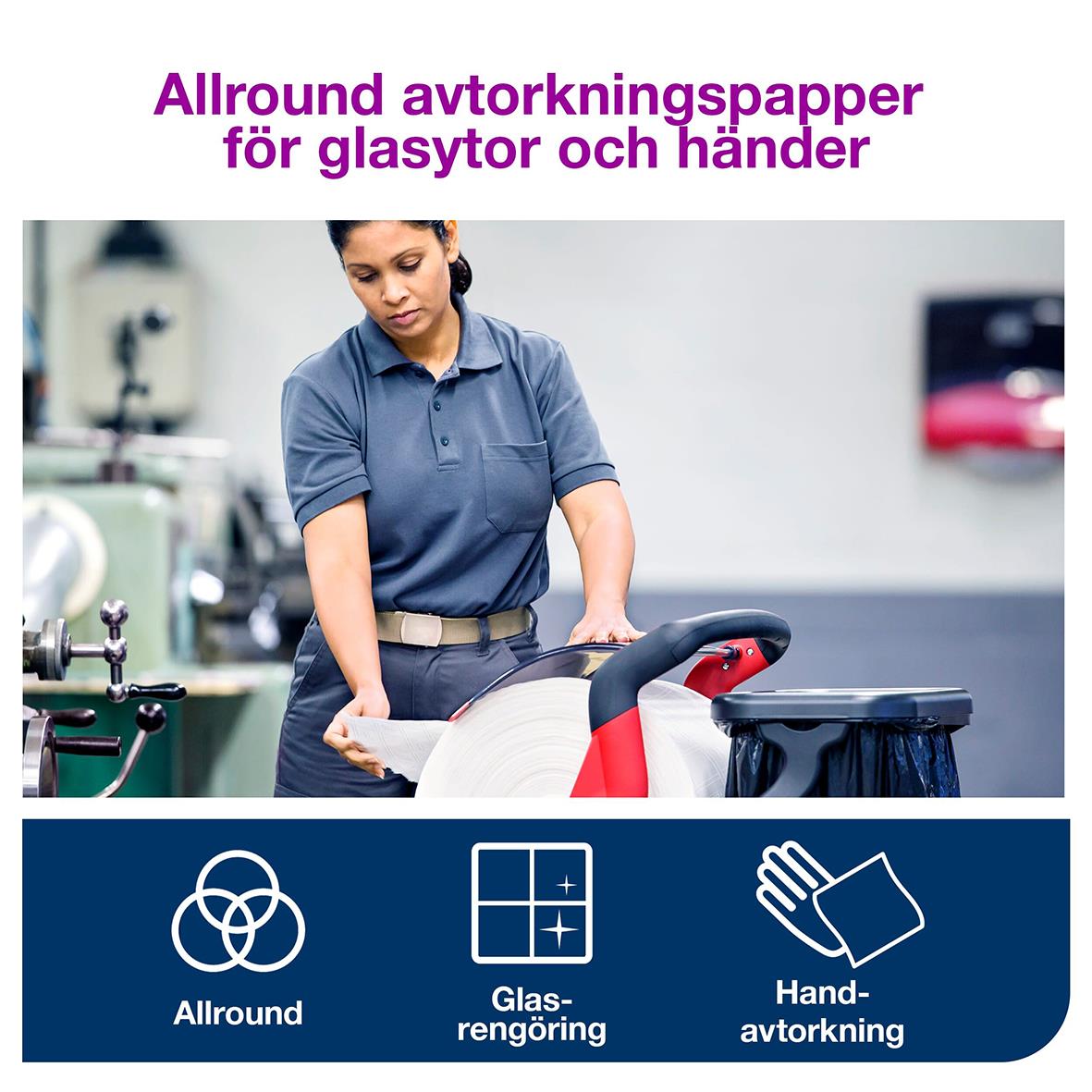 Kvinna använder allround avtorkningspapper för glasytor i industriell miljö