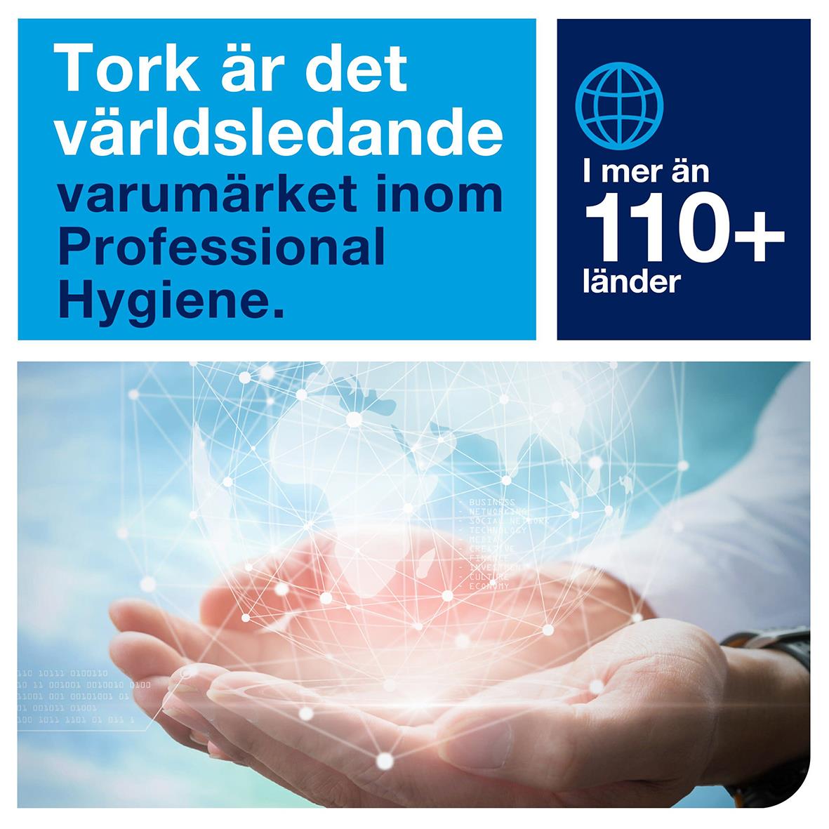 Industrirulle Tork W1 Avtork 1-lg 340mm x 1180m med text om global närvaro och professionell hygien