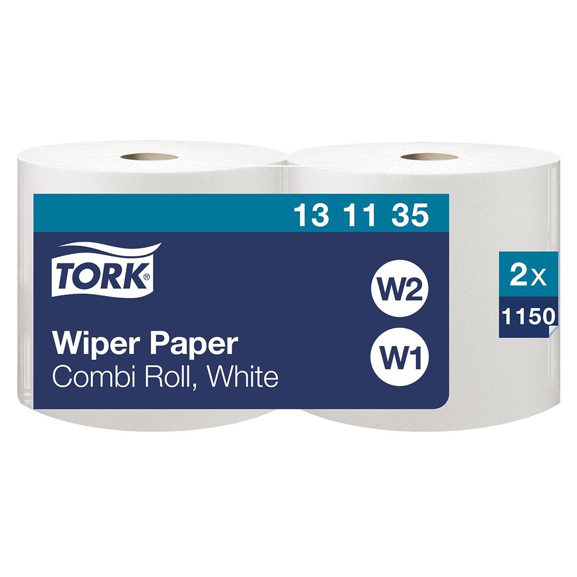 Två stora vita industrirullar av Tork Wiper Paper Combi Roll