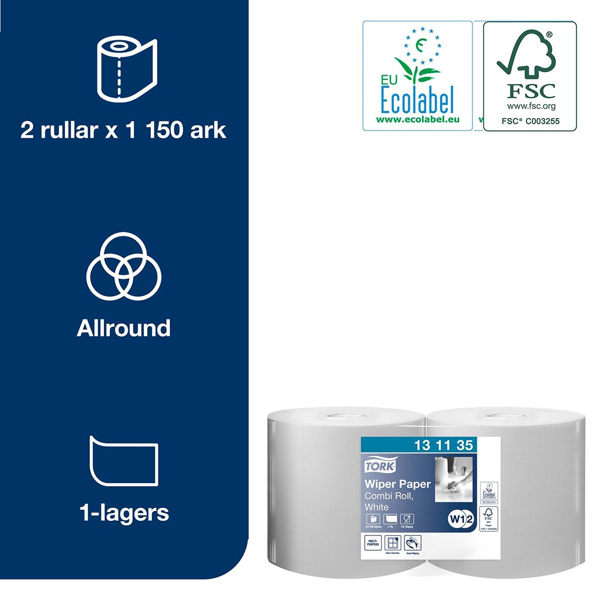 Industrirulle Tork W1/2 Avtork 1-lg 245mm x 460m, 2 rullar, allround, 1-lagers, FSC och EU Ecolabel