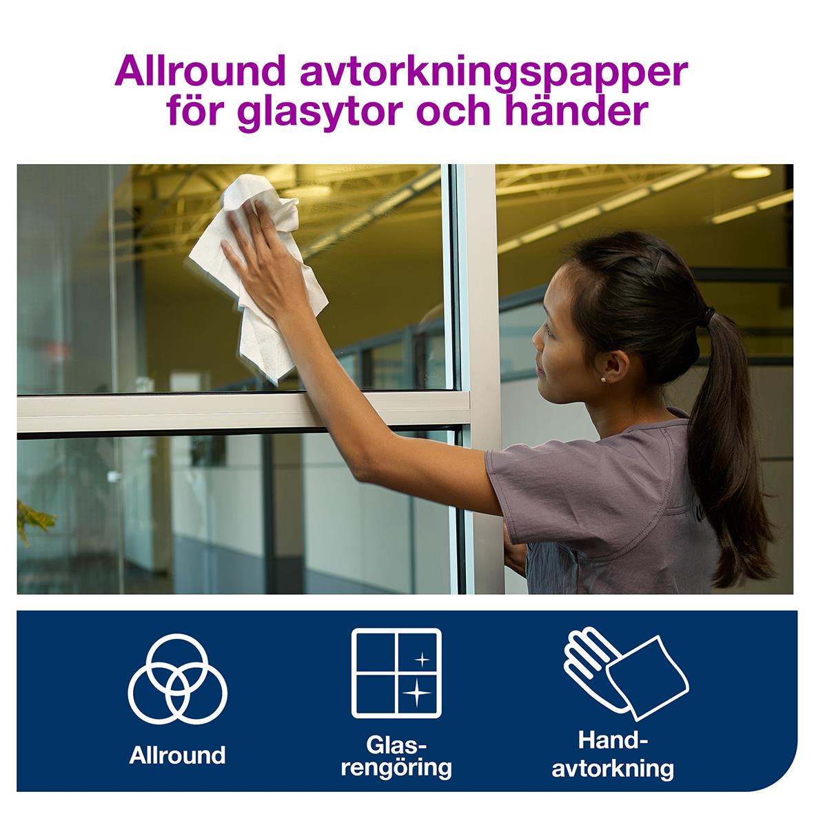 Kvinna torkar glasruta med allround avtorkningspapper för glasytor och händer