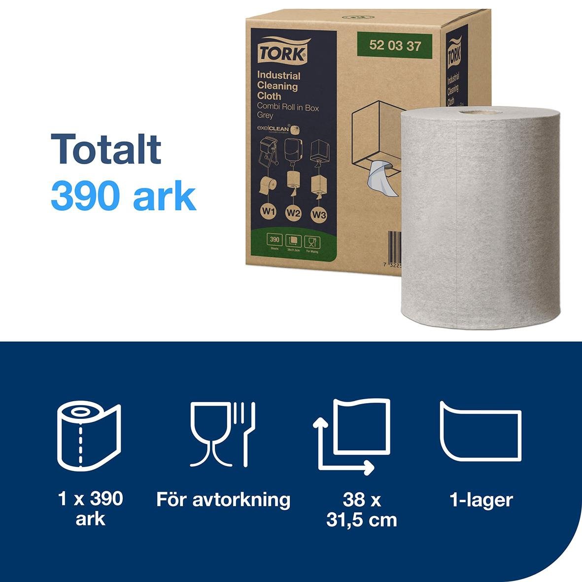 Tork industrirulle W1/2/3 Flex 1-lg grå, 320mm x 148m, för avtorkning, 390 ark, 38 x 31,5 cm, 1-lager